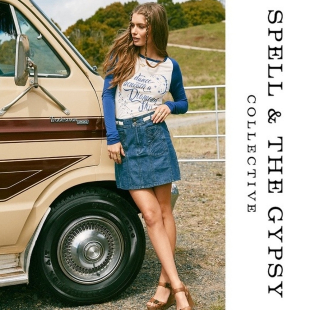 New Spell Designs Boulevard Denim Mini Jeans Skirt XL Lolita Festival Gypsy BNWT